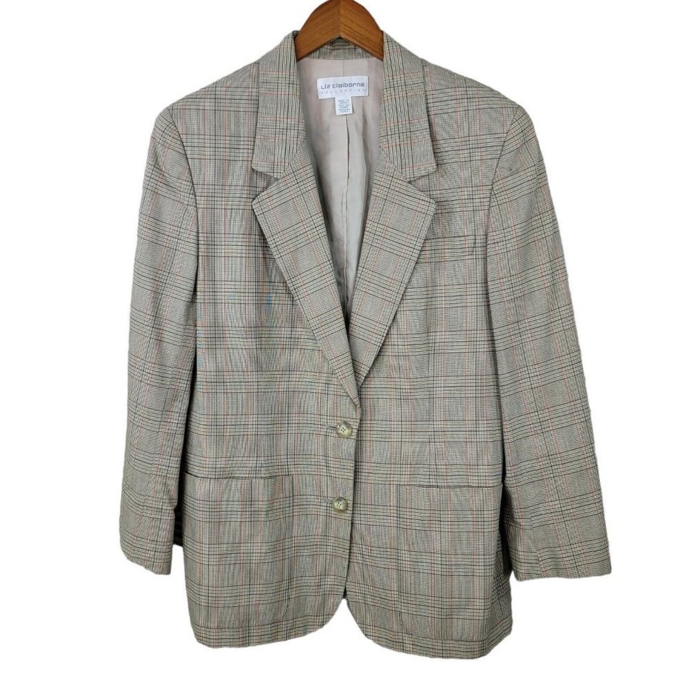 Vintage Liz Claiborne Blazer Jacket size 12 Coat Light/Dark Academia Plaid tan